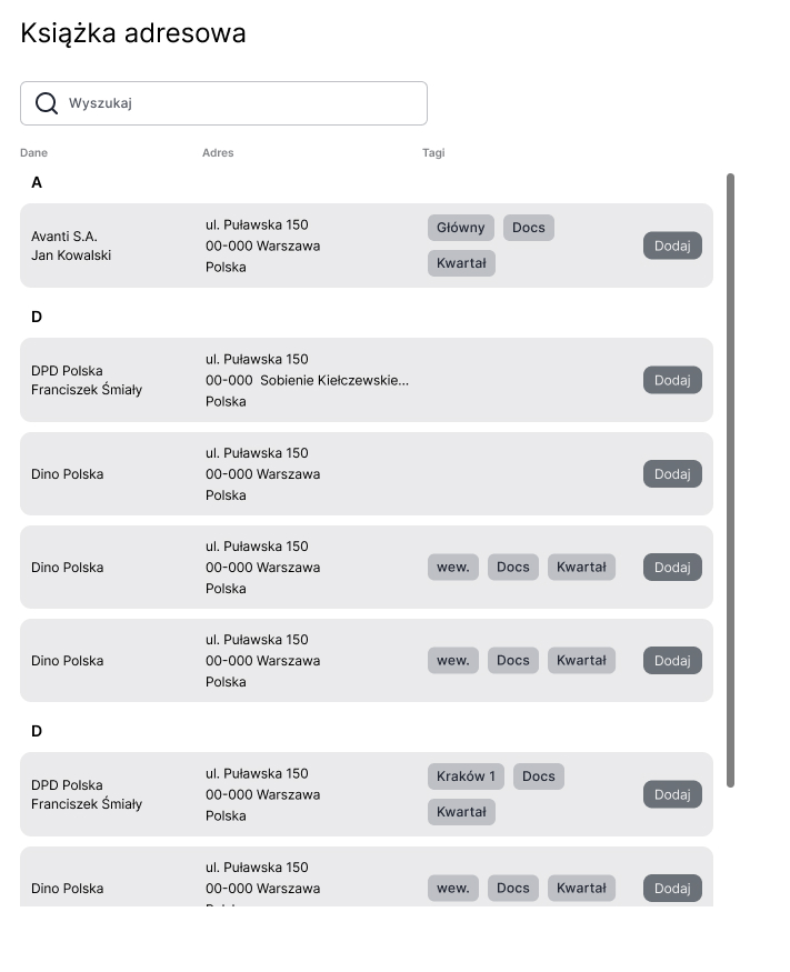 Original address book panel with one general search field and grouped address records