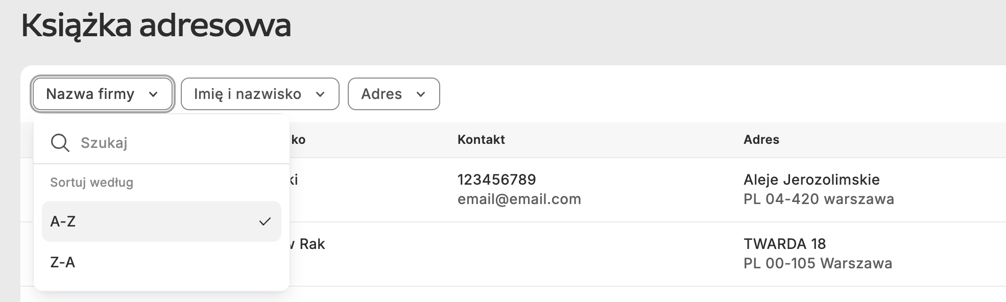 Redesigned address book with separate company name, full name and address filters, with the company filter open to show search and sorting