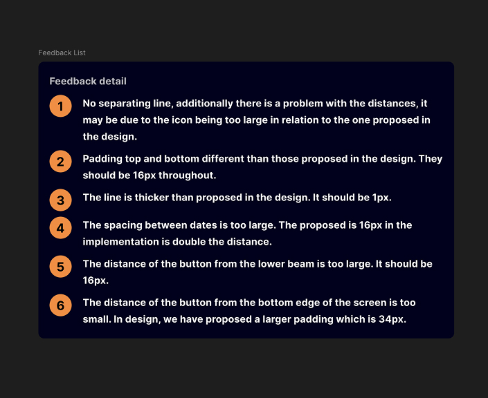 Numbered list documenting spacing, divider and component-size differences found during implementation review
