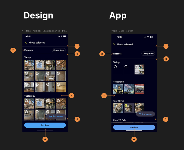 Side-by-side comparison between the designed photo-selection screen and its implemented version, with numbered differences