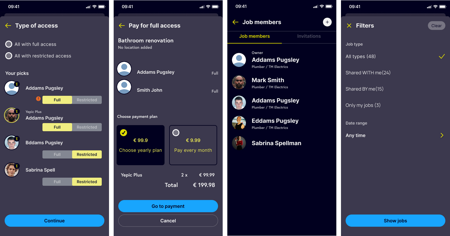 Four Yepic screens showing access assignment, paid access, job members and shared-job filters
