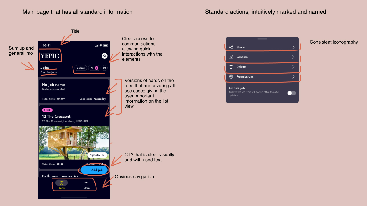 Annotated Yepic job-list screen and action menu explaining the redesigned hierarchy, navigation and interaction labels